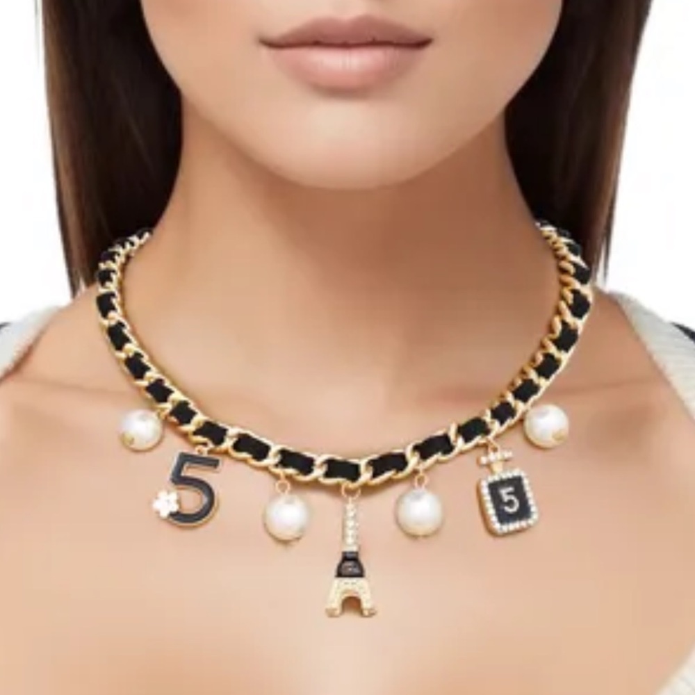 Stunning Flower number 5 pearls charm chain necklace